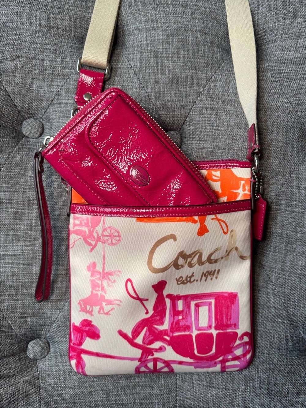 Coach Pink Printed Crossbody Bag with Matching Pink Wallet